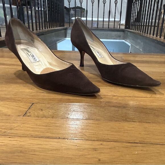 Jimmy Choo Suede Leather Romy 60MM Chocolate Brown Kitten Heel Pointed Toe Pumps - Picture 2 of 16